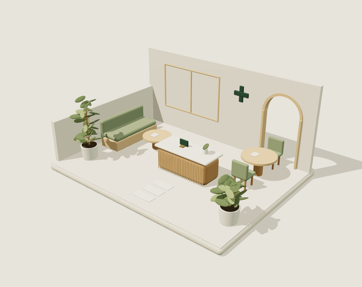 An imagined clinic pavilion with reception, conversation seating and an open doorway