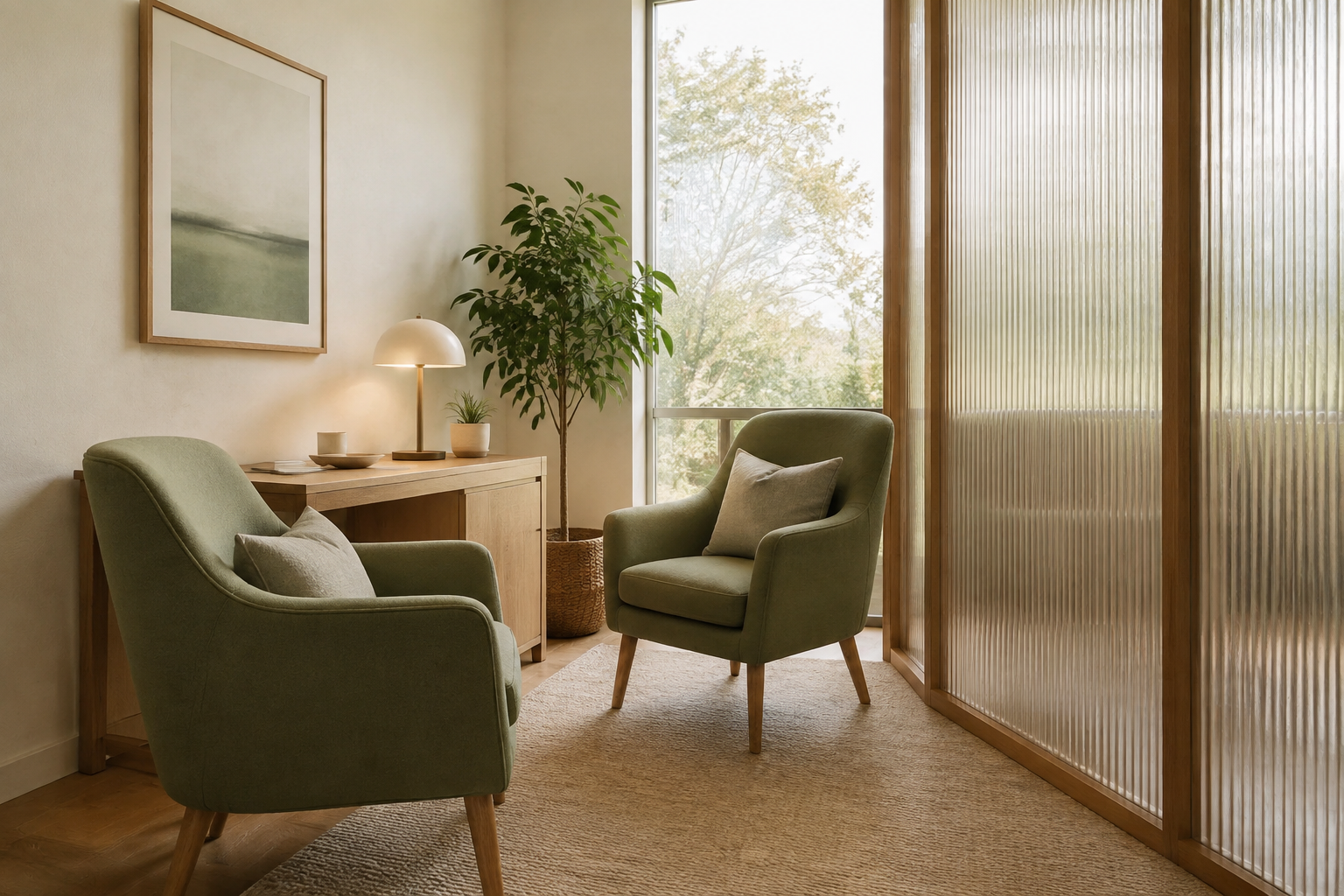 Two sage chairs in a daylight conversation room