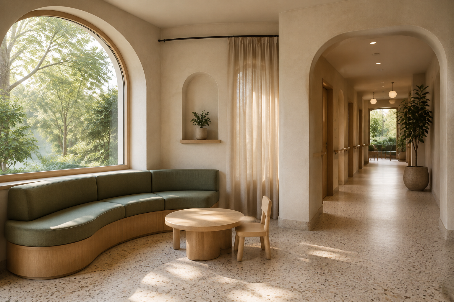 An arched corridor beside a daylight seating area
