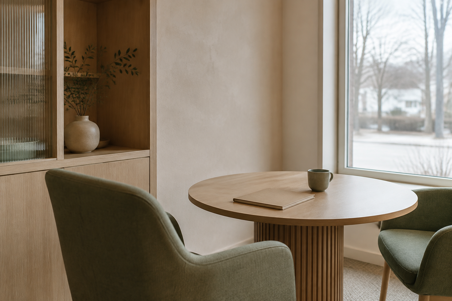 A round oak table and two chairs beside a window